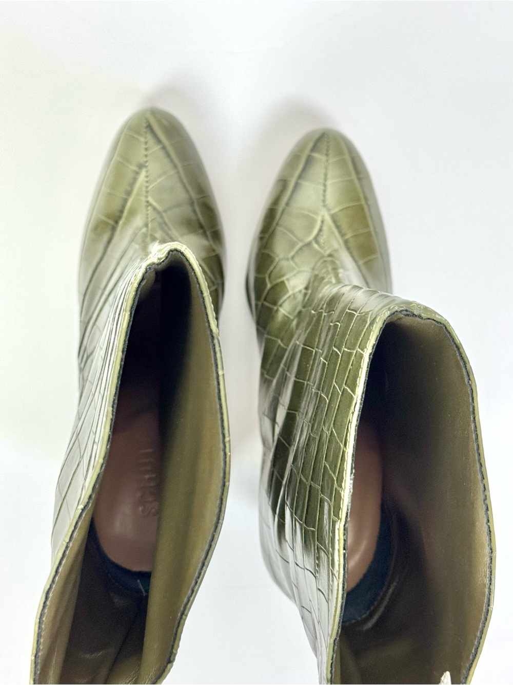 Schutz Gabrielle Olive Green Croc-Embossed Leather Boots Size 8 B - Picture 5 of 8